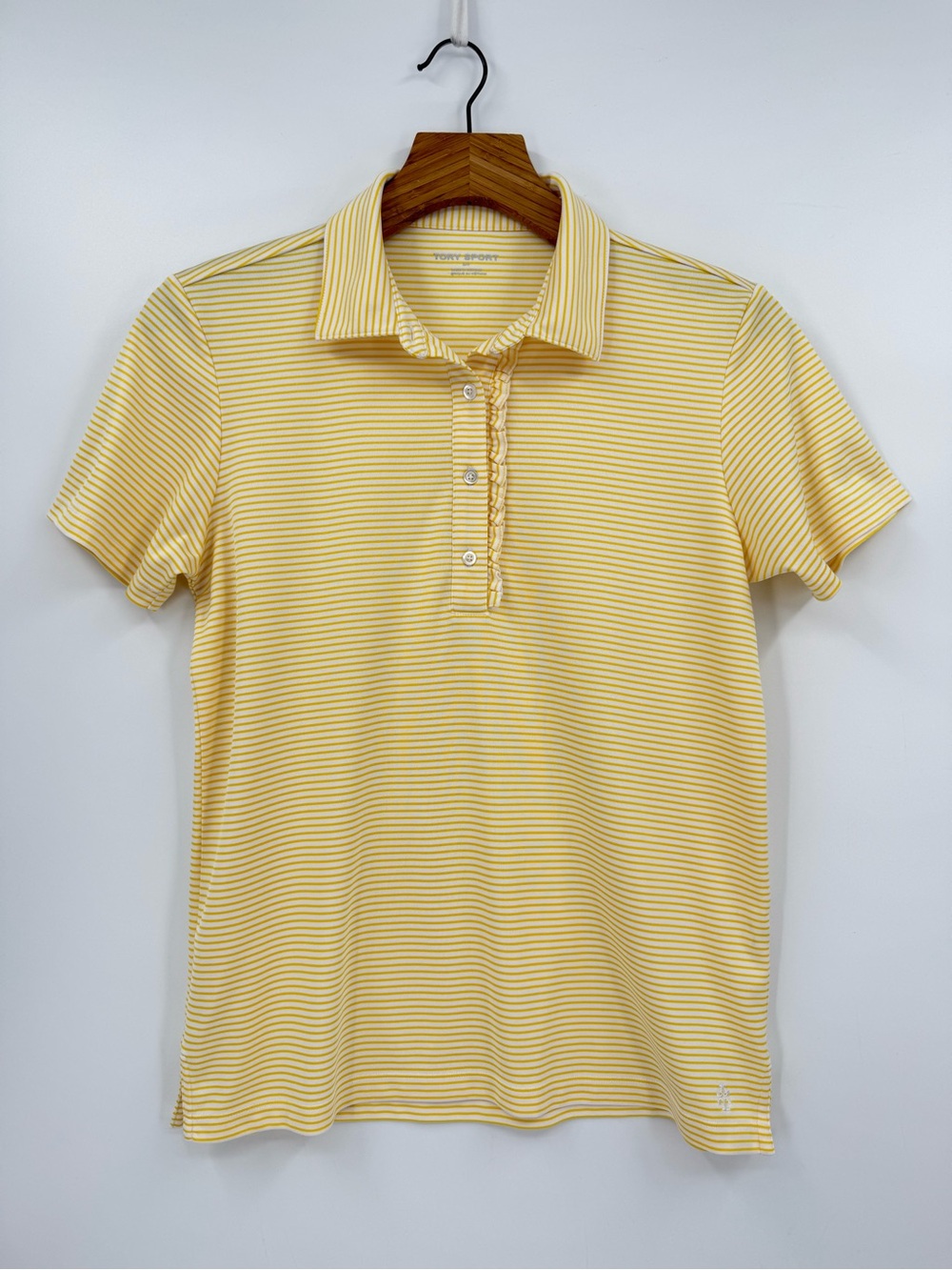 Tory Sport Performance Striped Ruffle Polo in Sundance Pin Stripe Yellow White S